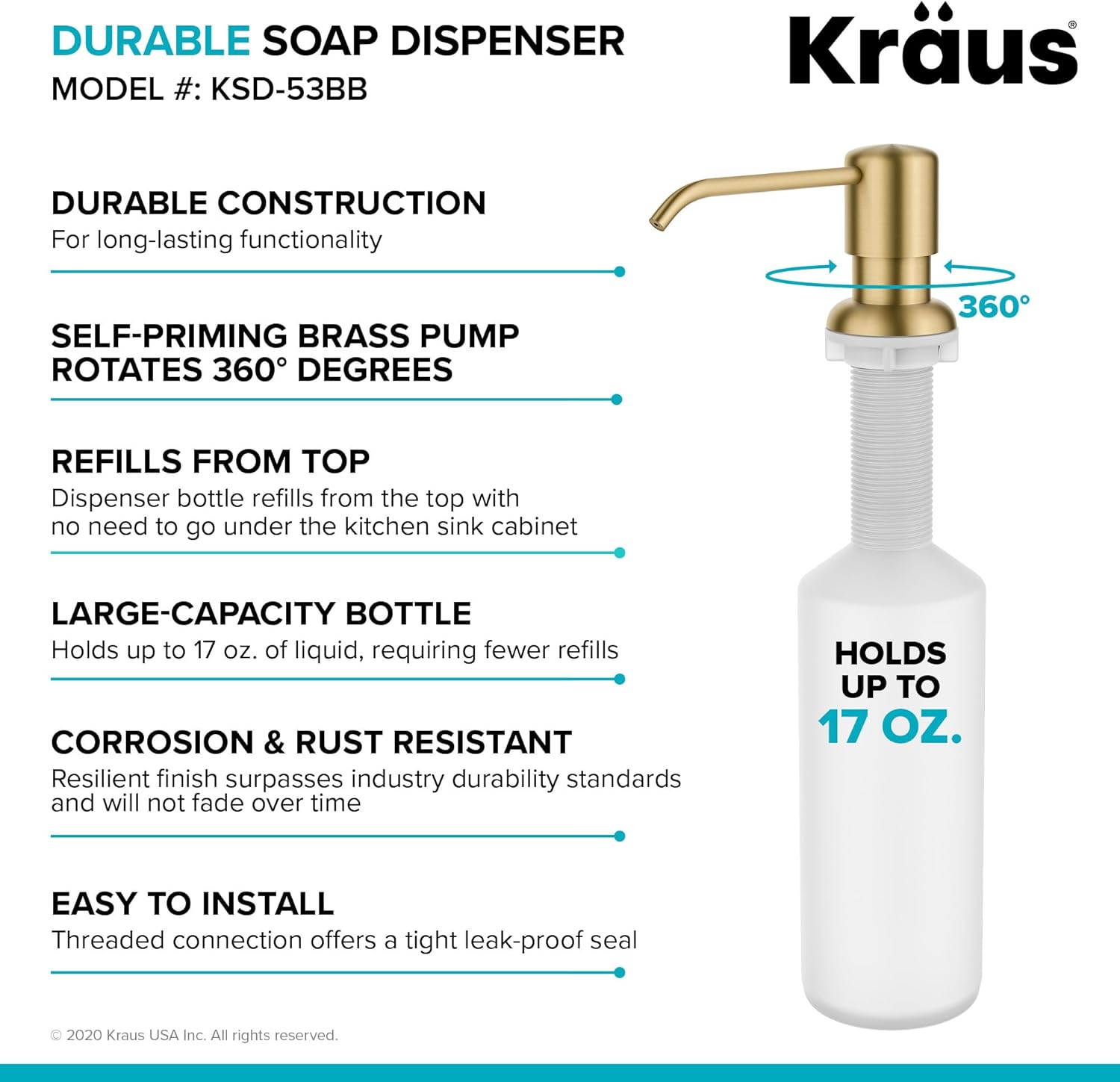 KRAUS Boden Kitchen Soap and Lotion Dispenser in Brushed Brass, KSD-53BB - Image 3