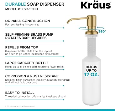 KRAUS Boden Kitchen Soap and Lotion Dispenser in Brushed Brass, KSD-53BB