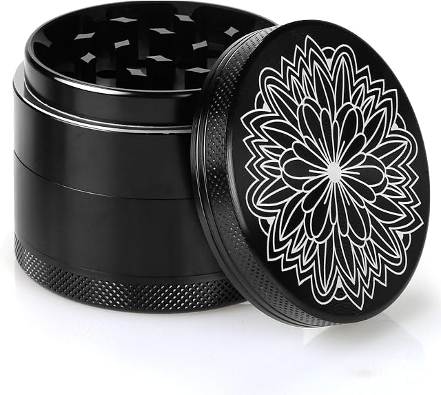 DCOU Premium Aluminium Herb Grinder 2.2 Inches 4 Piece Metal Grinder with Pollen Catcher with Laser Flower Pattern (Black)