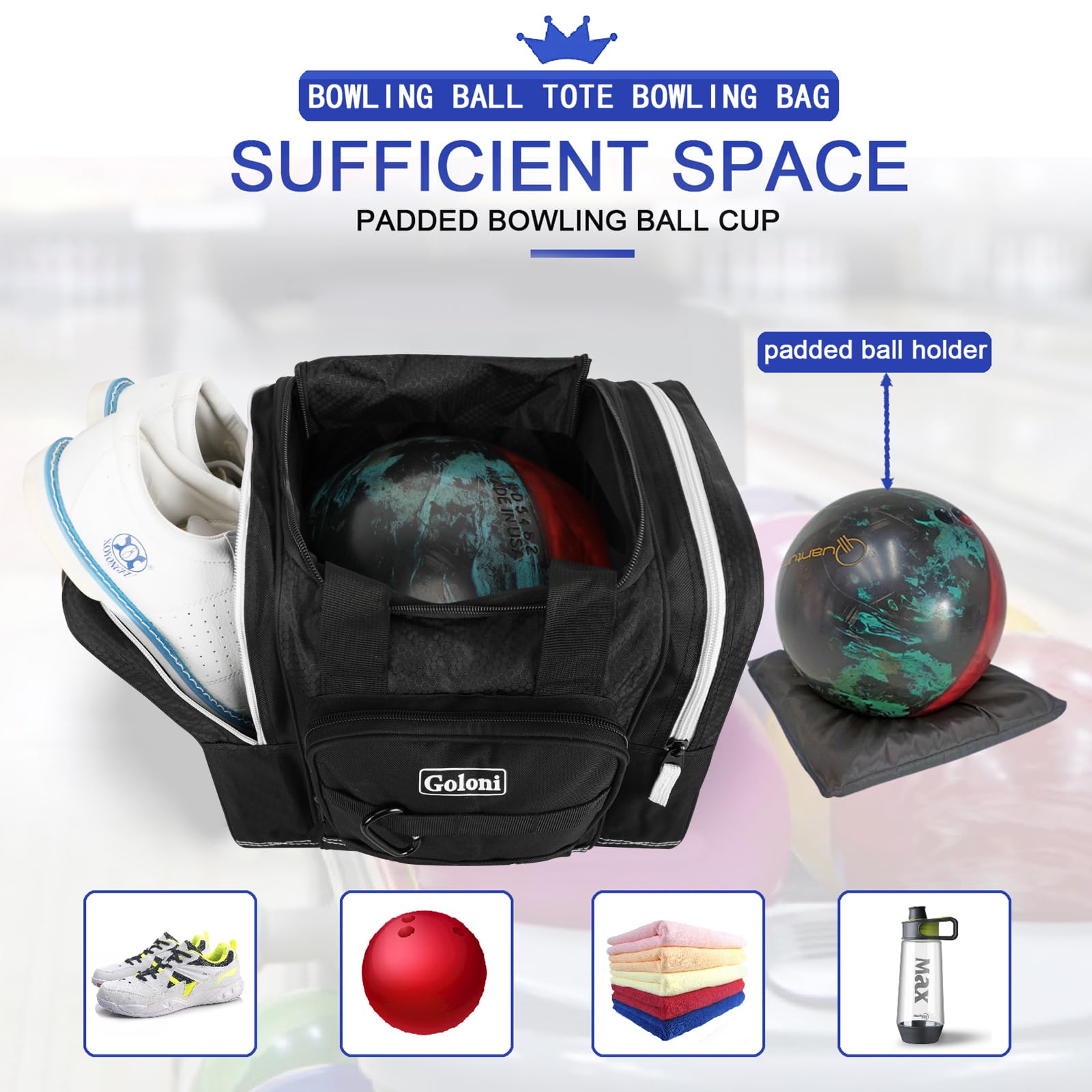 Goloni Bowling Ball Bag for Singer Ball with Padded Ball Holder, 2 Pockets fit Bowling Shoes Up to Mens Size 14 and Accessories