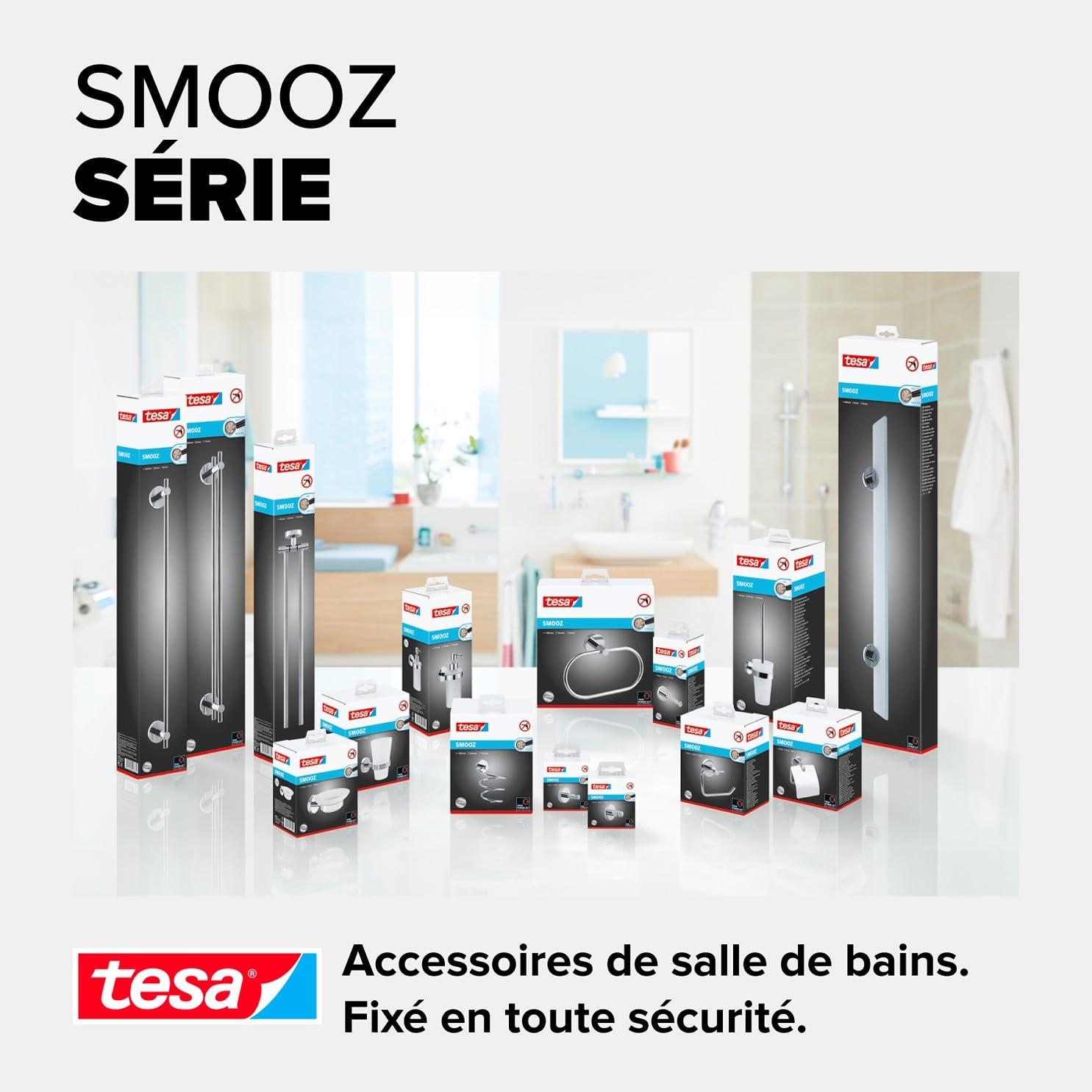 tesa tesa Smooz Porte-Serviettes anneau, finition brillante Métal Chromé, adhésif, technologie sans Percer, 130mm x 185mm x 50mm 40322-00000-00