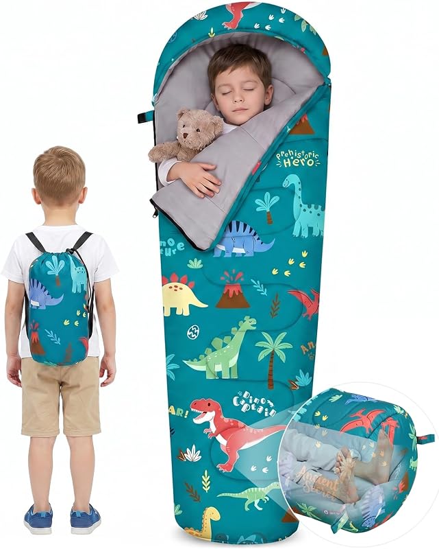 Saco de dormir para niños pequeños Camping Warm & Cool Weather 3 Season | Saco de dormir para niños Niños Niñas con bolsa de almacenamiento, resistente al agua y ligero, lavado a máquina, para acampar, viajar o en interiores