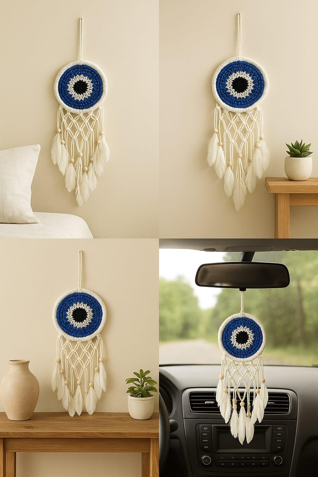 FEATHRA Handmade Evil Eye Dreamcatcher Wall Hanging – Blue & White Crochet Dream Catcher with Feathers & Beads – Boho Home Décor, Protection & Good Luck Charm (Evil Eye) 3