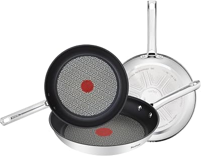 Tefal Duetto – Juego de Sartenes de 20/24/28 cm, Apto inducción, antiadherente, revestimiento titanio, Thermo-signal, apto lavavajillas y horno, acero inoxidable