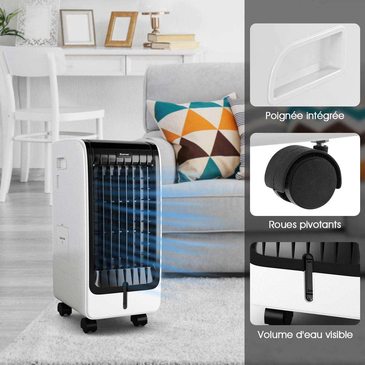GOPLUS Climatiseur d’Air Mobile 4 en 1 Fonction de Réfrigération, Rafraîchisseur Humidification, Purification, Réservoir 6L, 75W, 3 Vitesses, Minuterie 8H, Oscillation, Contrôle Télécommande/Écran