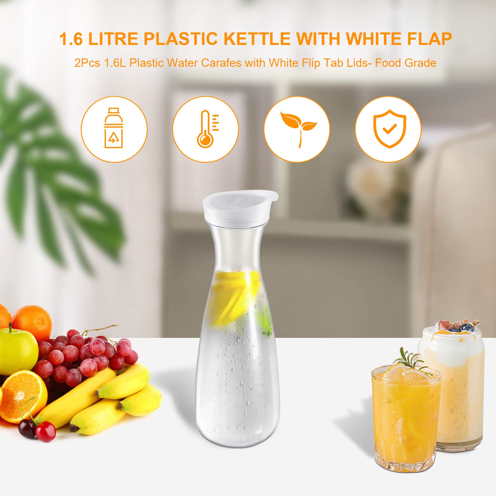 2 StüCke 1.6L Kunststoff Wasser Karaffen mit WeißEn Flip Tab Deckeln - Lebensmittelechte und Recycelbare Bruchsichere KrüGe - Saftglas