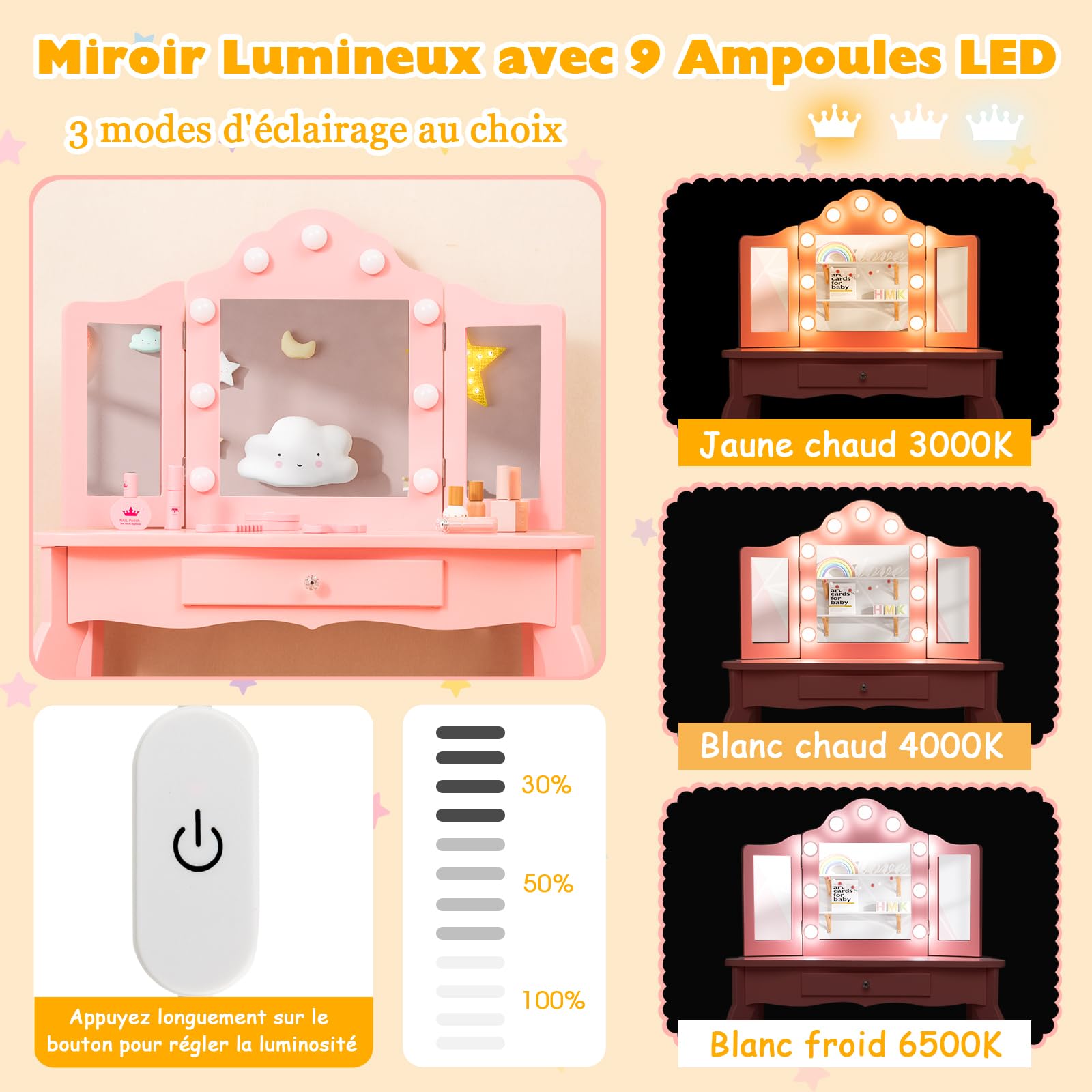 DREAMADE Coiffeuse Enfants Fille avec Tabouret&9 Lumières LED,Table de Maquillage Princesse 3+Ans avec Miroir Amovible&Tiroir&Dispositif Anti-Bascule,Bureau Enfant Charge 50KG(Rose)
