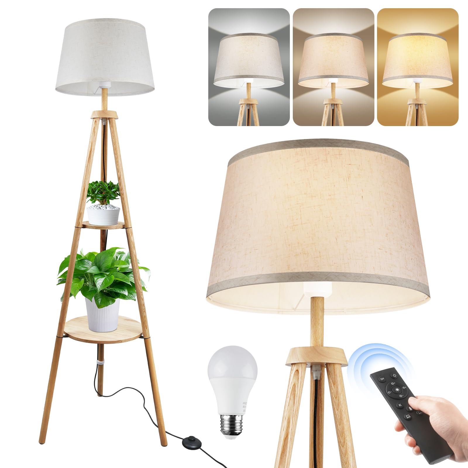 Lampadaire LED en Bois Réglable avec Télécommande, 3 Tons, Minuterie 1H, Interrupteur Pied
