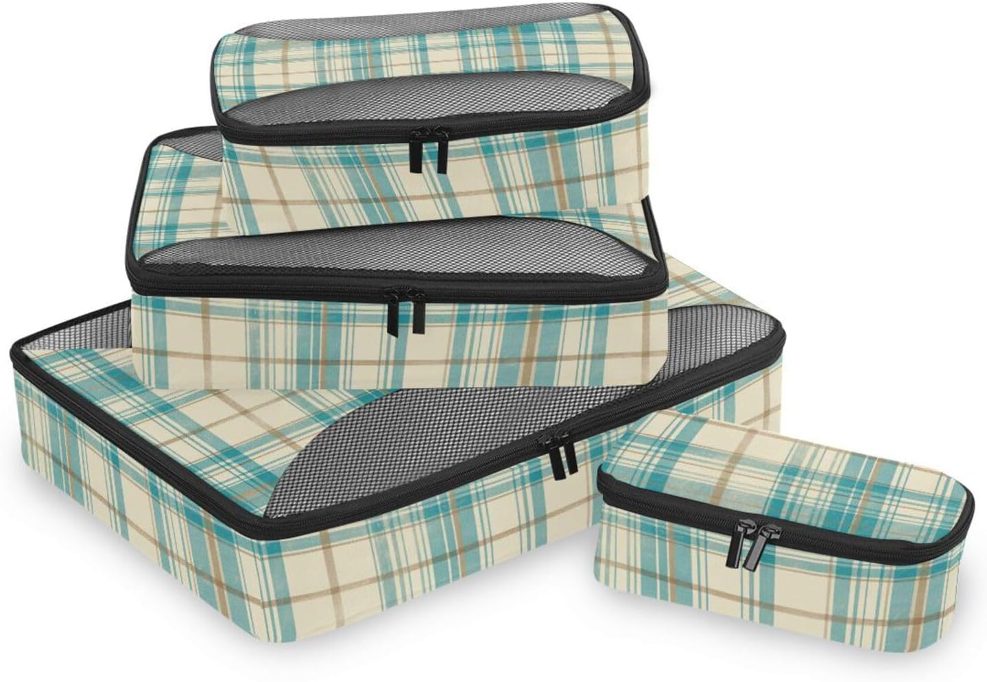 Green and White Check 4 Pcs set organizer bags set Mesh Travel Essentials portable set packing cubes