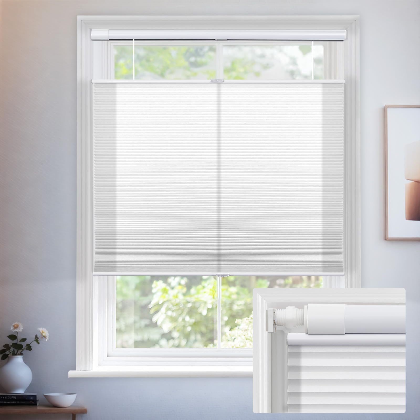 KeegoNo Drill Top Down Bottom Up Cellular Shades Cordless No Tools Blinds for Windows Blackout Honeycomb Blinds No Screws Cellular Blinds Easy Install(White, Custom-Size)