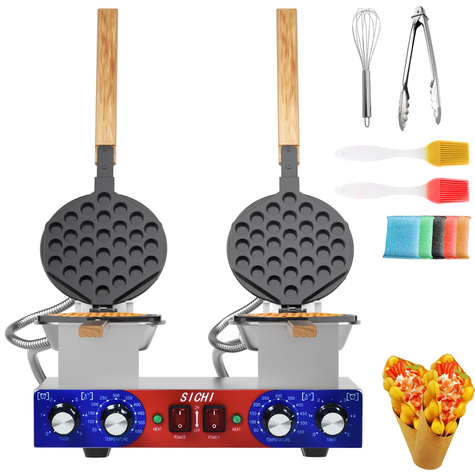 Bubble Waffle Maker - Commercial Egg Waffle Maker w/Two Non-stick Baking Pans, Temperature and Timers, 2800W Professional Bubble Waffle Machine for Double Baking, Hong Kong Egg Waffle Iron
