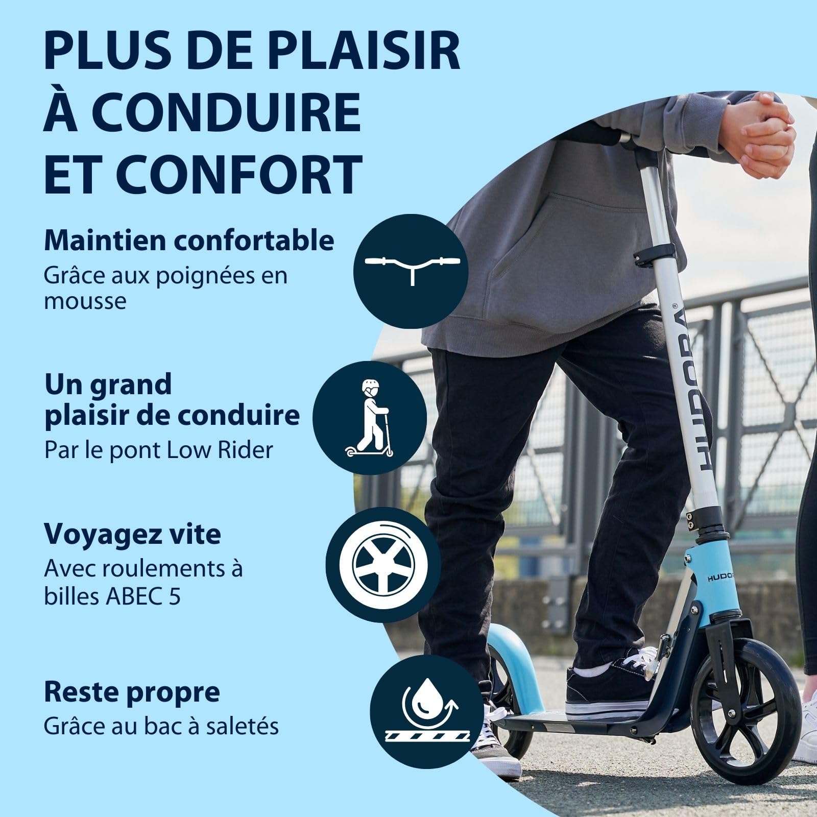 HUDORA BigWheel Scooter Pure - Trottinette stable en aluminium avec béquille - Réglable en hauteur et pliable pour jusqu'à 100kg - Jeunes et adultes