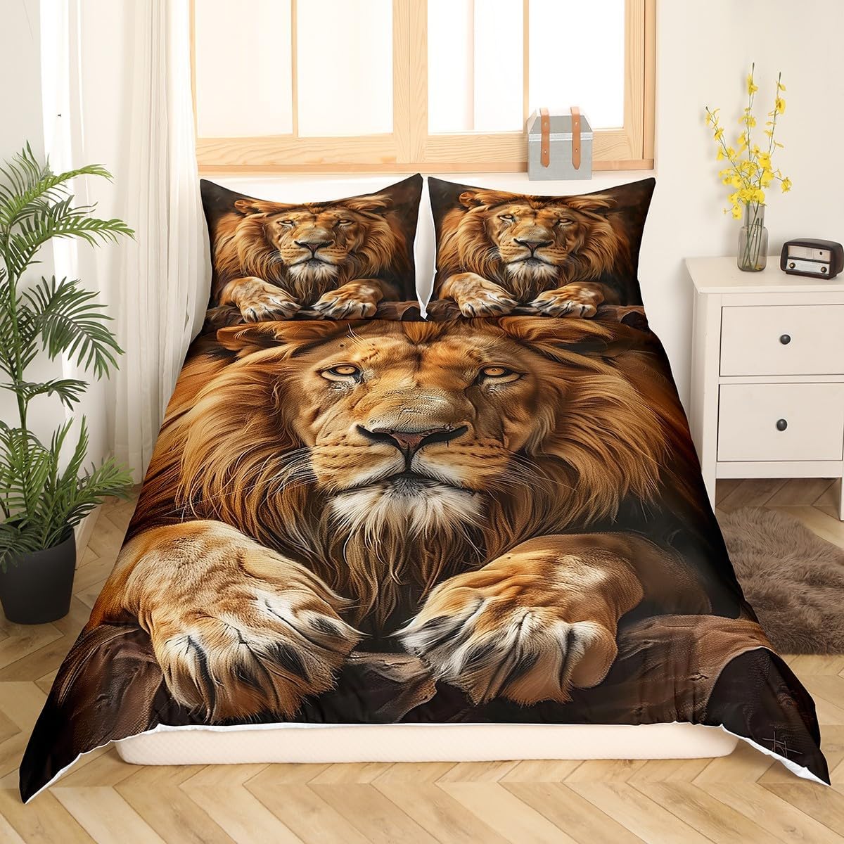 Feelyou 3D Lion Duvet Cover Lion Animal Print Bedding Set for Teens Boys Girls Washed Microfiber King Comforter Cover Jungle Theme Bedspread Cover King Size