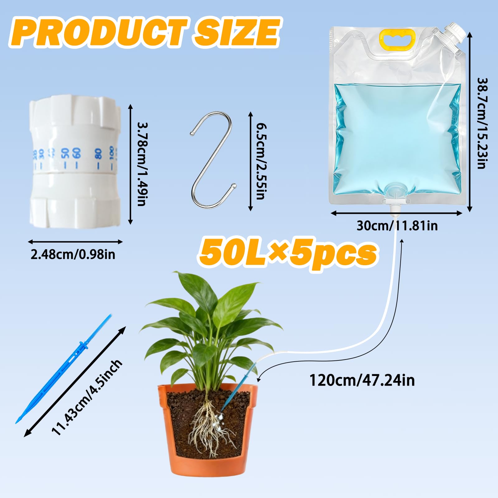 5PCS Bolsa de Riego Por Goteo, 5L Bolsa Dispositivos Automáticos de Riego Para Plantas con Flujo Ajustable, Sistema de Riego Automático, para Vacaciones Plantas Riego Huerto Macetas Exteriores