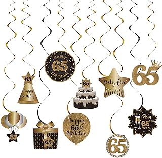 Happy 65th Birthday Party Hanging Swirls Streams Ceiling Decorations, Celebration 65 Foil Hanging Swirls with Cutouts for 65 Years Old Black and Gold Birthday Party Decorations Supplies