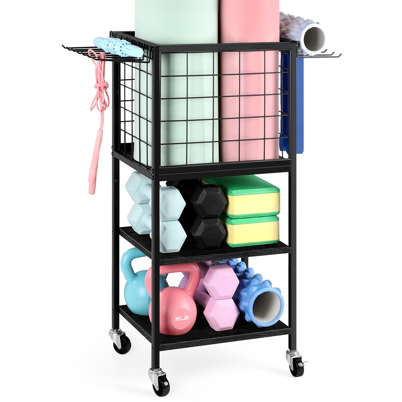 Hantelablage für Zuhause, Fitnessstudio, Hanteln, Yogamatte, Aufbewahrungsregal, Wagen, kleines Metall, Holz, Heimstudio, Workout-Ausrüstung, Aufbewahrung mit Haken für Yoga-Block, Schaumstoffrollen,