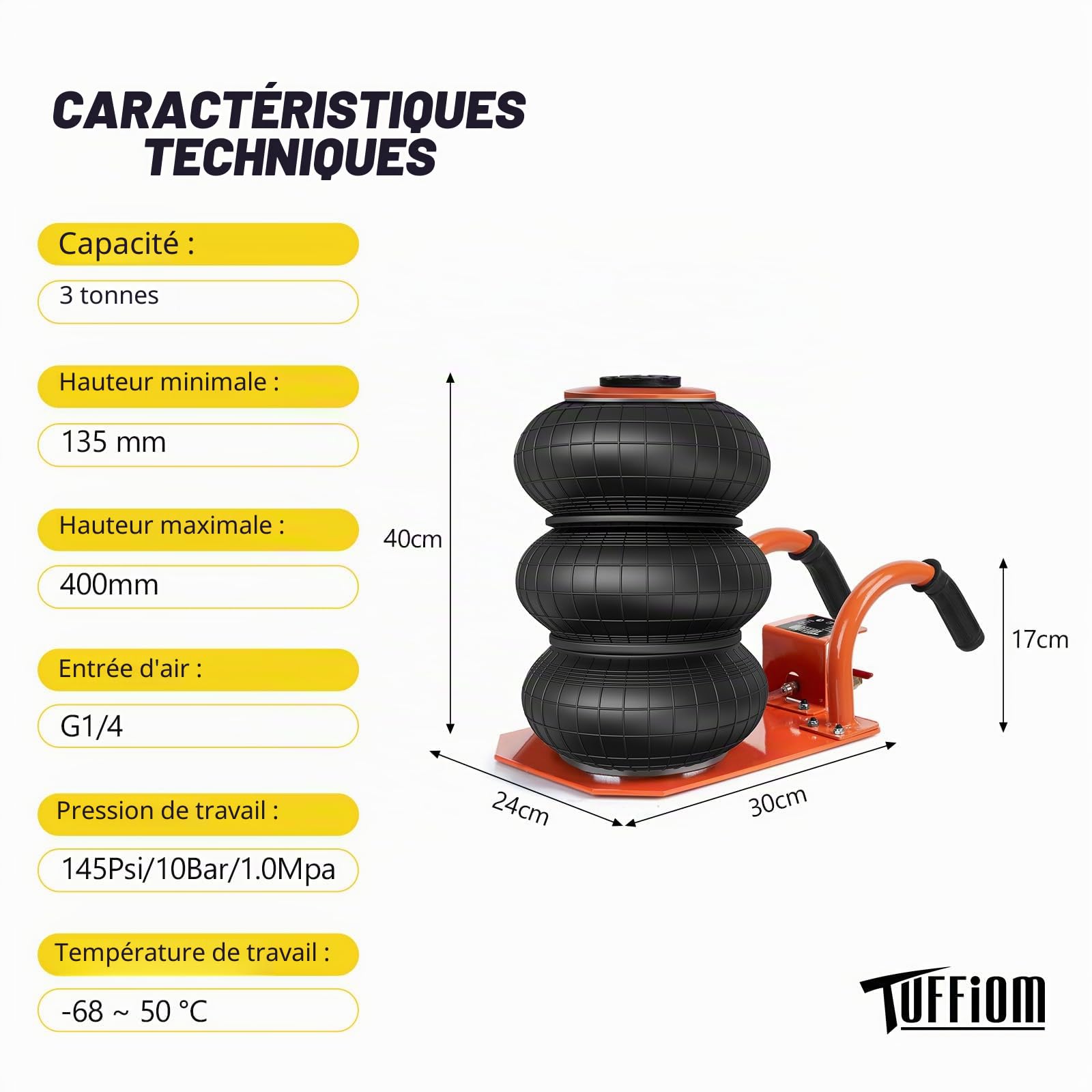 Bonnlo Cric Pneumatique 3 Tonnes, Plage 135-400 mm, Pression 1,0 MPa, Levage Rapide pour Voiture SUV Atelier Garage (Orange)