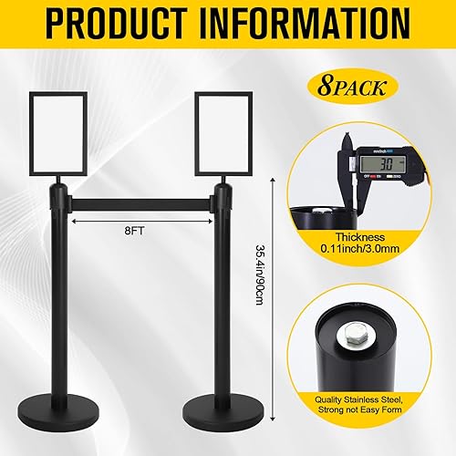 Miniatura 2 de Therwen Juego de 8 soportes de control de multitudes y soportes para letreros de poste de puntal, barrera de control de multitudes con cinturón