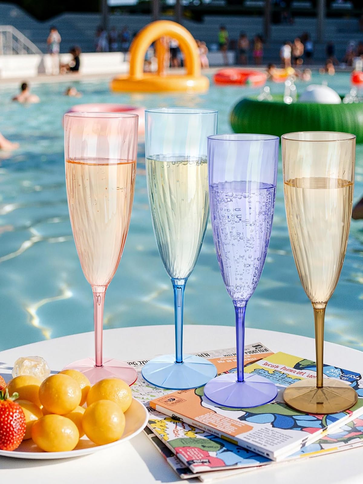 WDF Paquete de 12 copas de champán de plástico coloridas, copas de champán desechables de alta calidad, suministros de fiesta para bodas, cumpleaños y fiestas