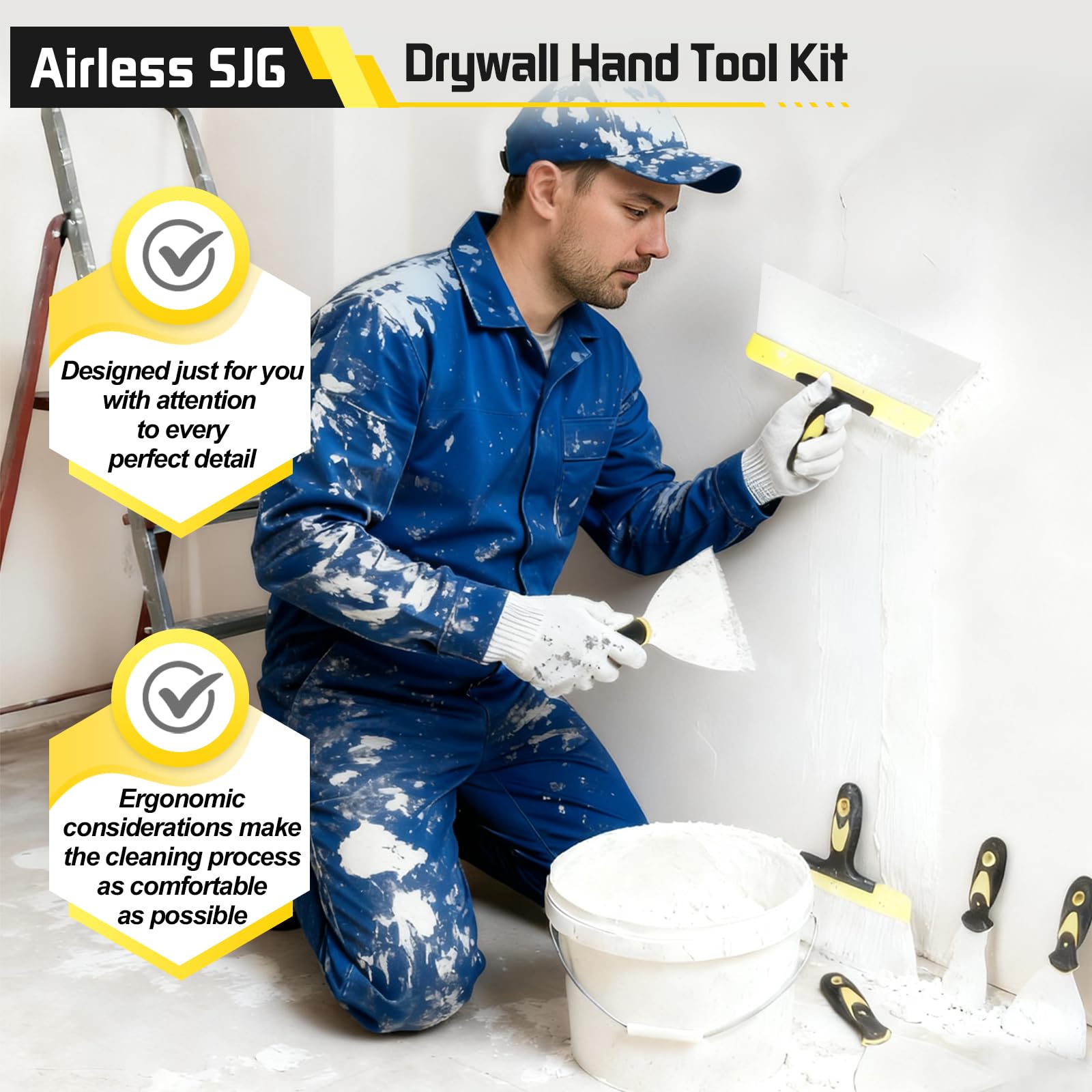Kit 14pcs Outils Plaquiste Professionnel, Couteaux à Mastic et Enduire en Acier Inoxydable 304, Bac à Enduit 35cm, Éponges Abrasives Réutilisables, Sac de Transport Oxford – Rénovation Maison