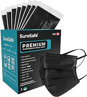 SURESAFE Premium Black Mask - Disposable Face Mask Pack of 100/200/400/2000, 3 Ply with ear loop, Individually Wrapped
