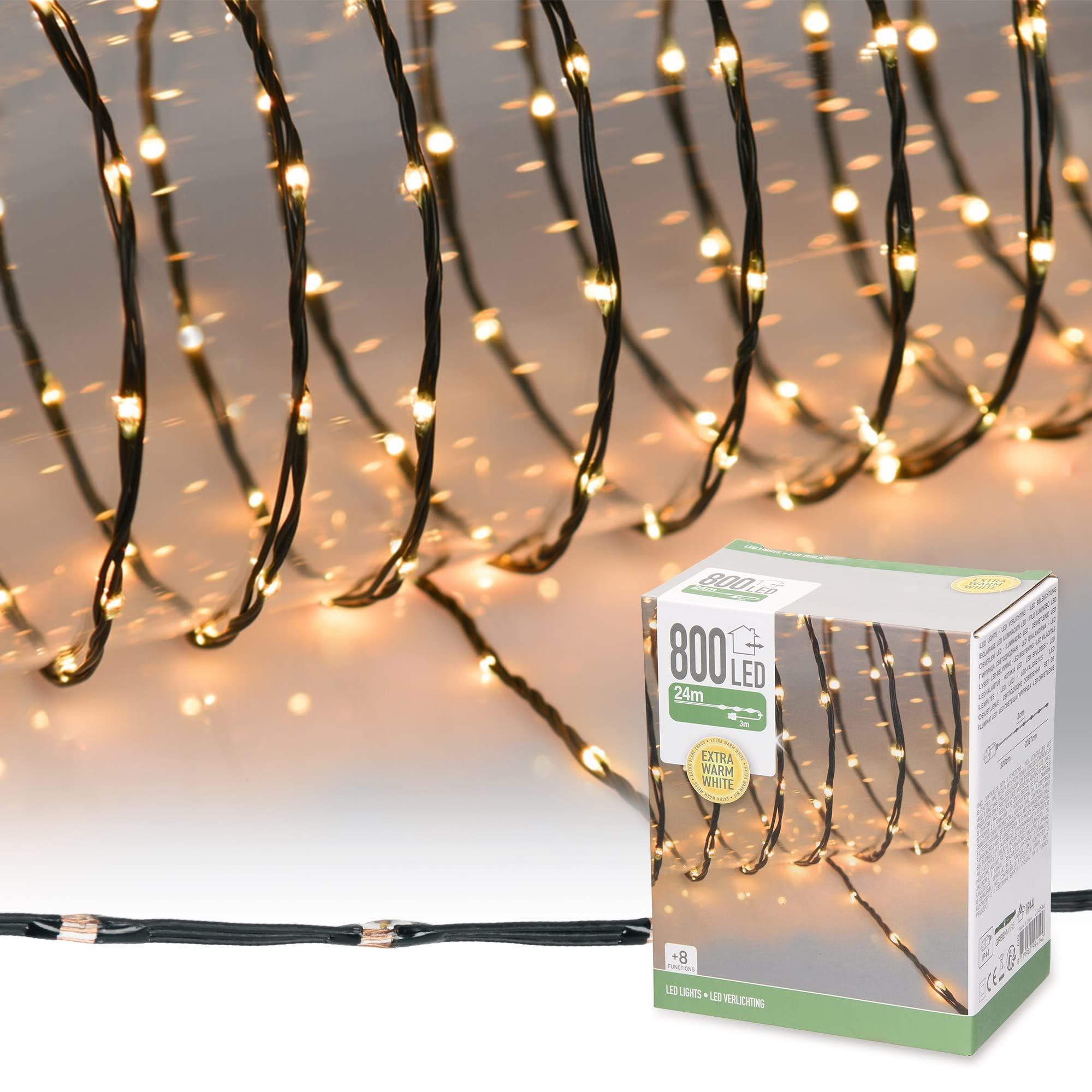 ECD Germany Catena Luminosa a 800 Micro LED 24 m Bianco Extra Caldo 8 Funzioni Alimentazione a Corrente IP44 Impermeabile per Interni Esterni Luci Decorazione Natalizie Grappolo per Albero di Natale
