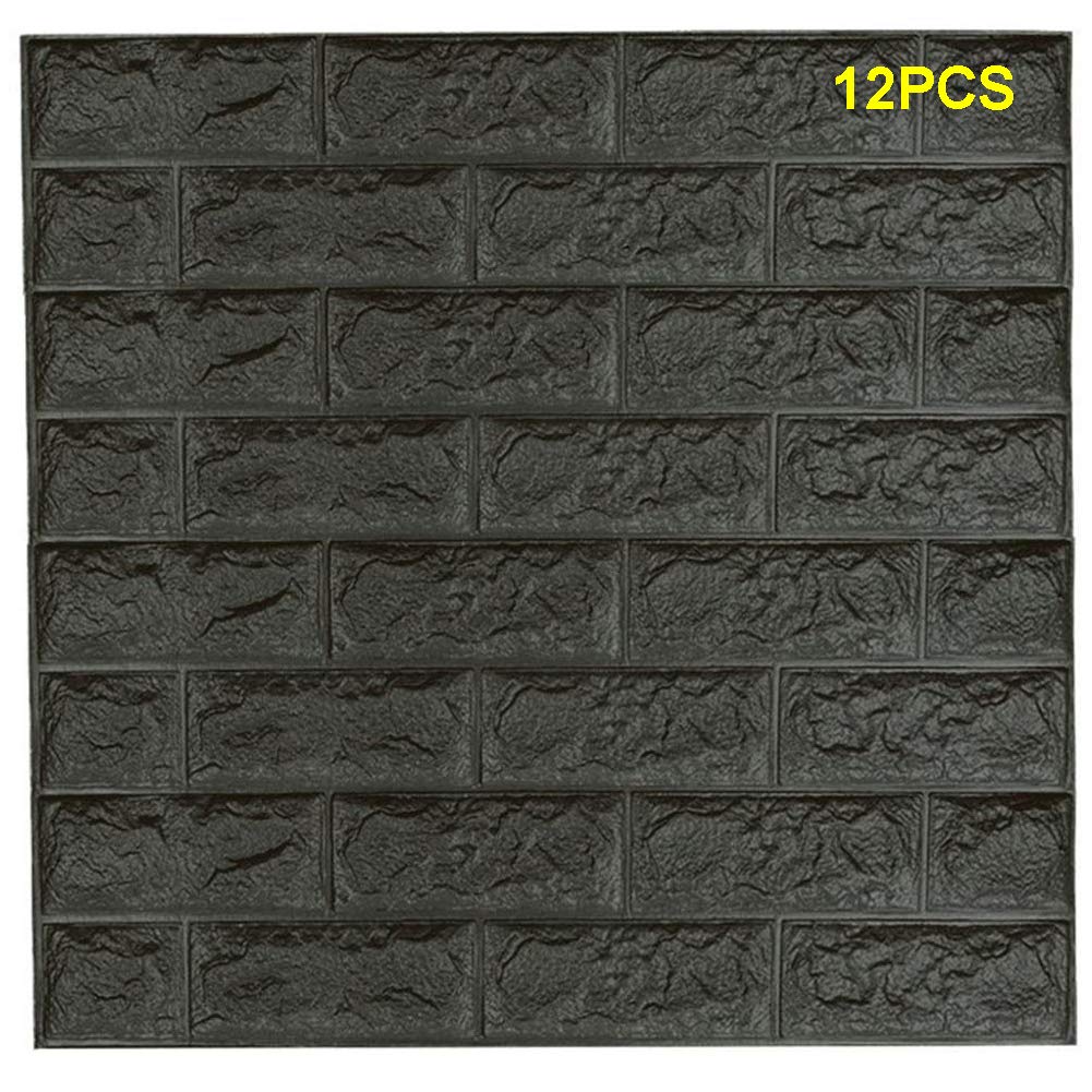 WANWEITONG 3D Brick Wallpaper, Self Adhesive Grey Brick Pattern Wall Stickers, Peel and Stick PE Foam Wall Sticker for Living Room Bedroom Home Office (12PCS, Grey)