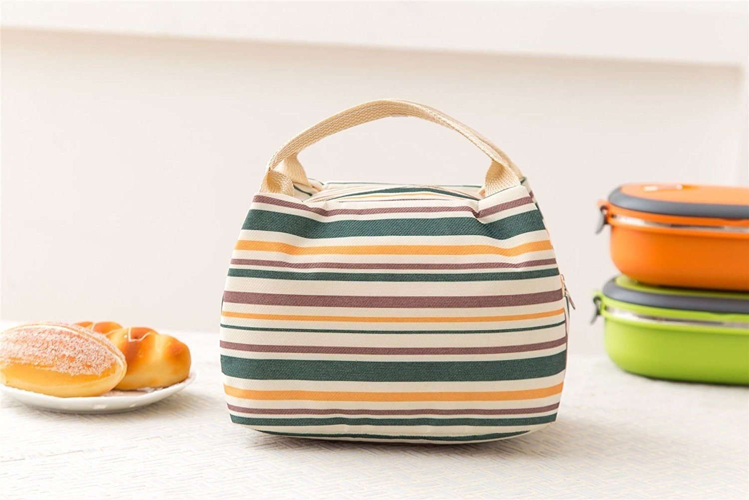 Vinsani Insulated Striped Canvas Thermal Lunch Bag Reusable Portable Cooler Bag Lightweight Convenient Foldable for Work School Picnic Office Adults & Kids – Cream