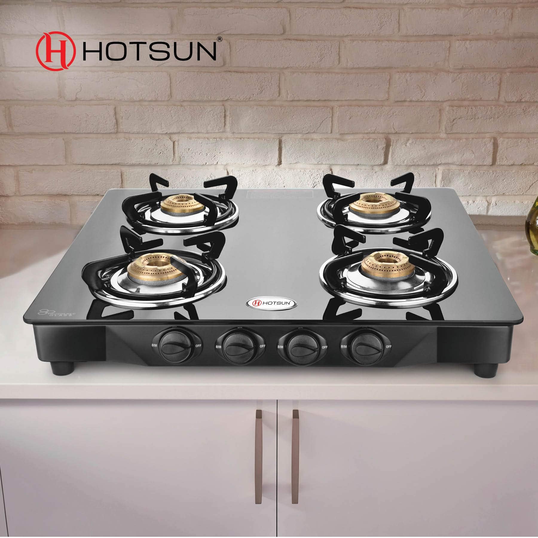 Hotsun Jupiter Nero Toughened Glass 4 Burner Gas Stove
