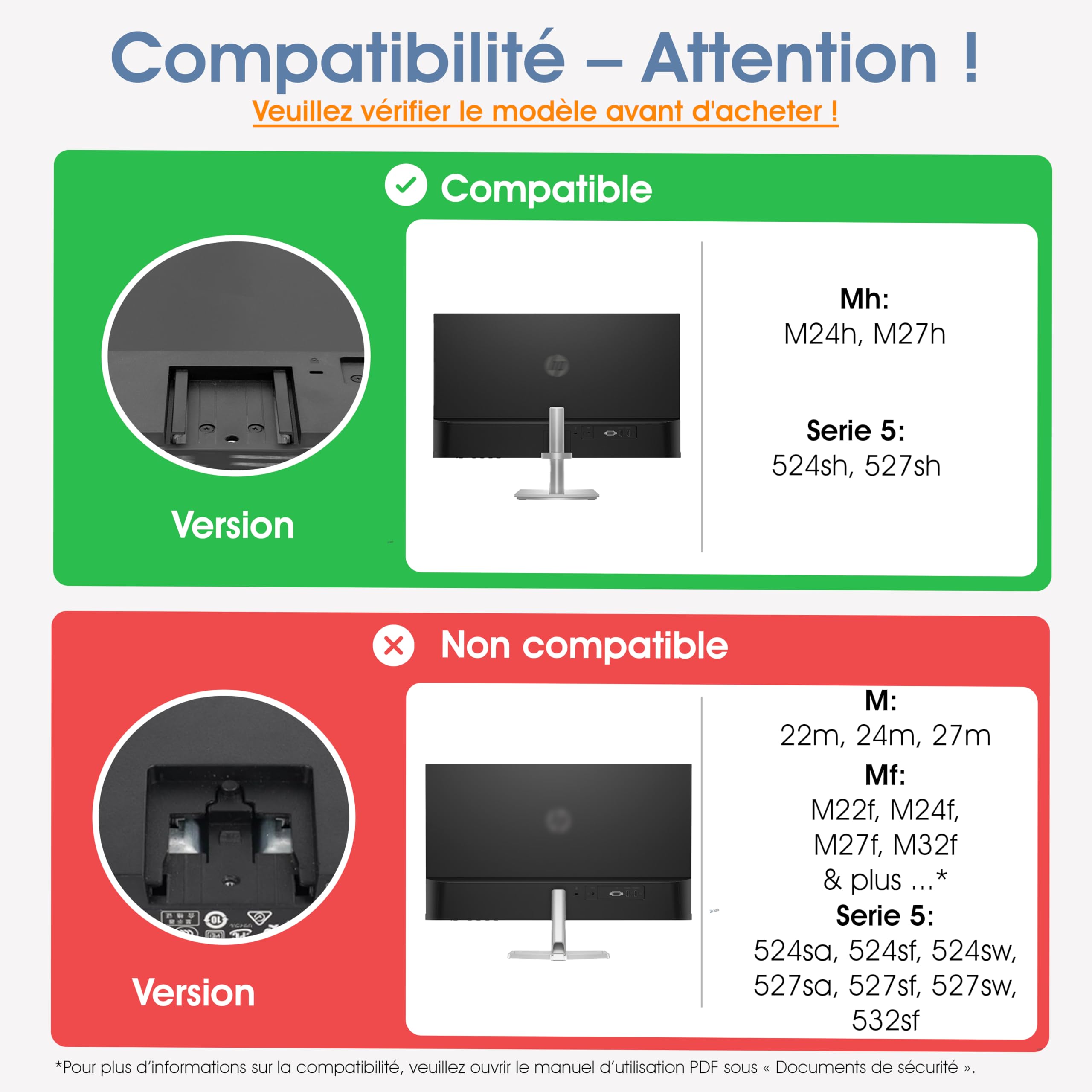 3IDEE Adaptateur VESA Compatible HP M24h M27h 524sh 527sh Support 75x75 pour Montage Mural