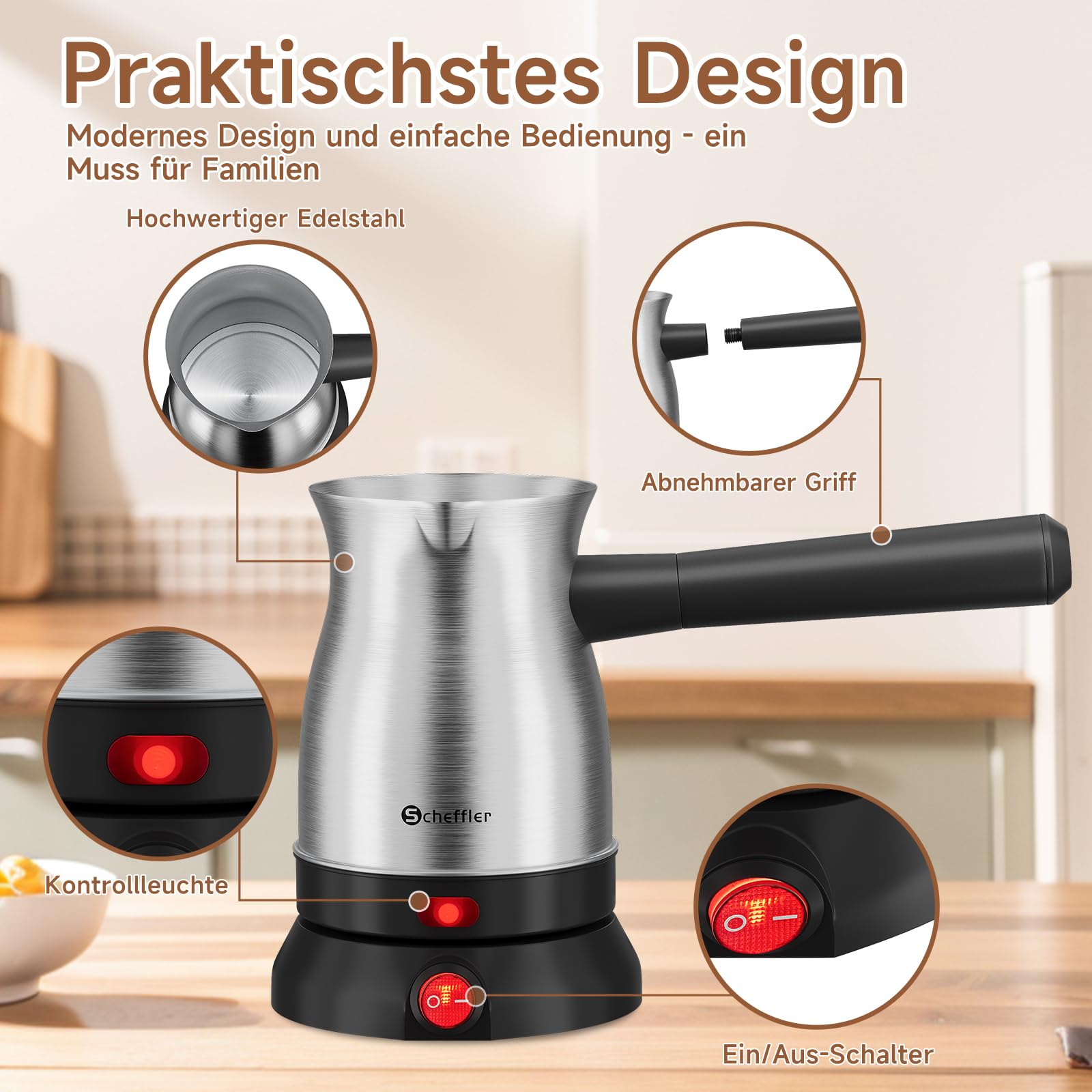 Scheffler Turecki ekspres do kawy elektryczny 500 ml | 800 W, stal nierdzewna, dzbanek do kawy mokka, do domu, biura, podróży