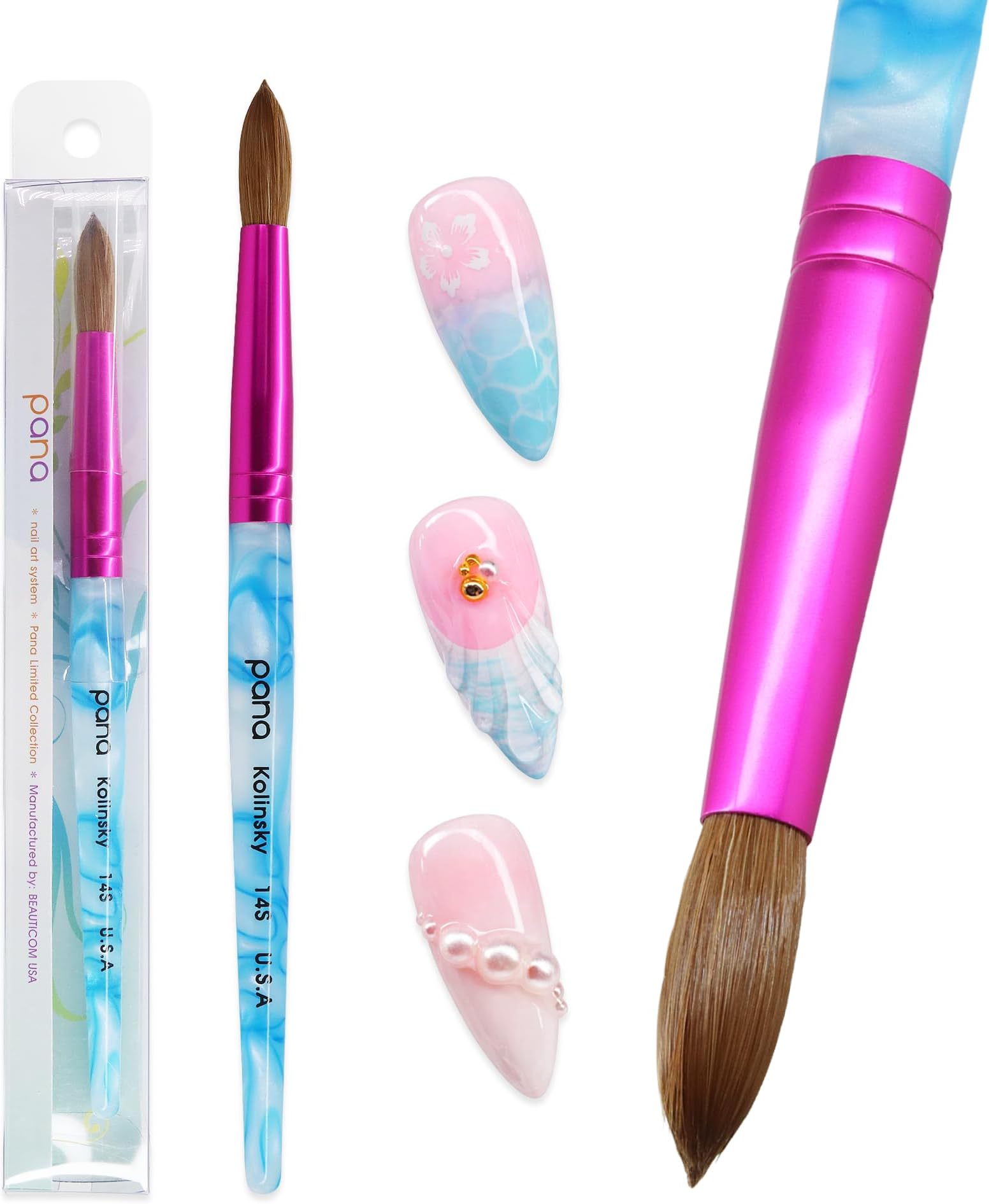 PANA Pure Kolinsky Hair Acrylic Nail Brush - Round Shape Pink Ferrule with White Swirl Blue Handle (Size 14)