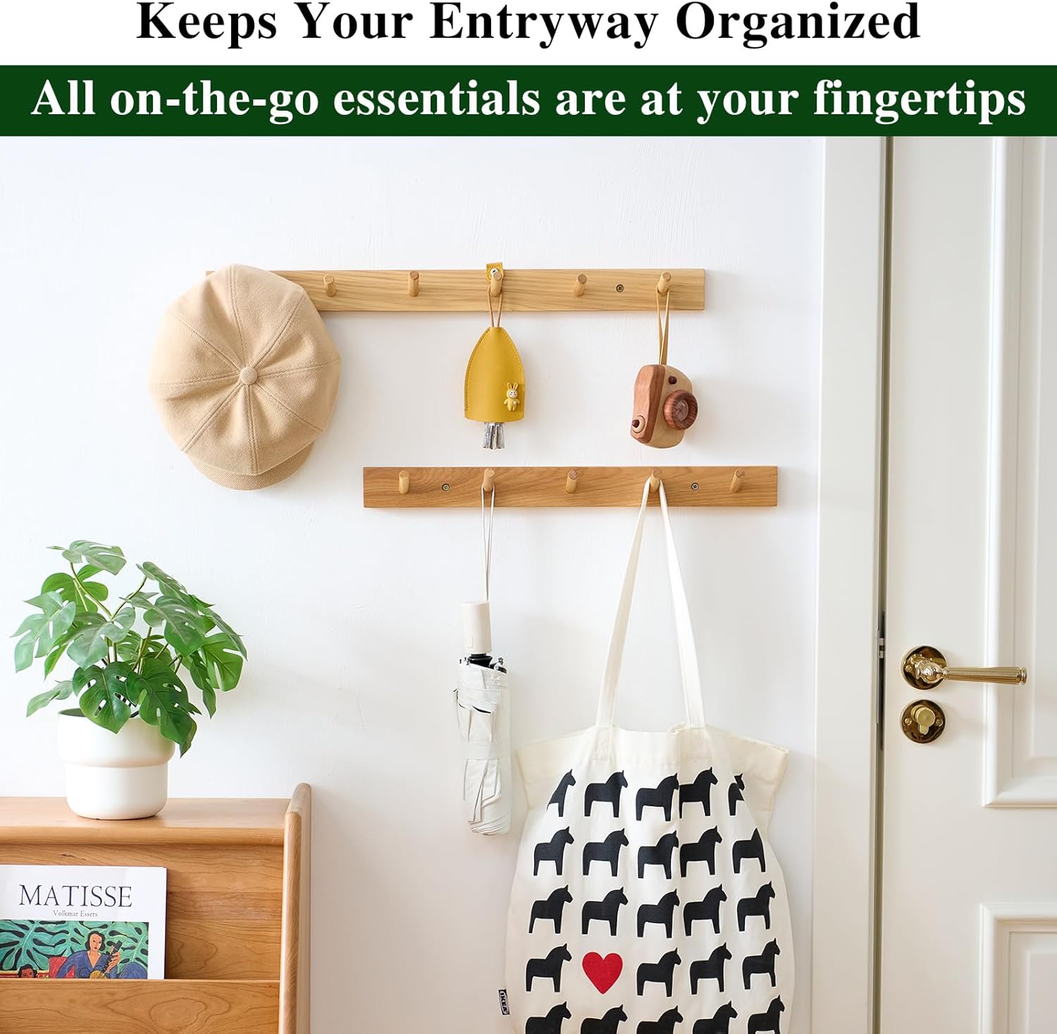 Hickory Wood Coat Rack Wall Mount 24 inches, Wooden Coat Hooks with 6 Hooks Coat Hanger for Hanging Hat Jacket Purse, Wall Hooks for Entryway, Bathroom, Bedroom, Natural