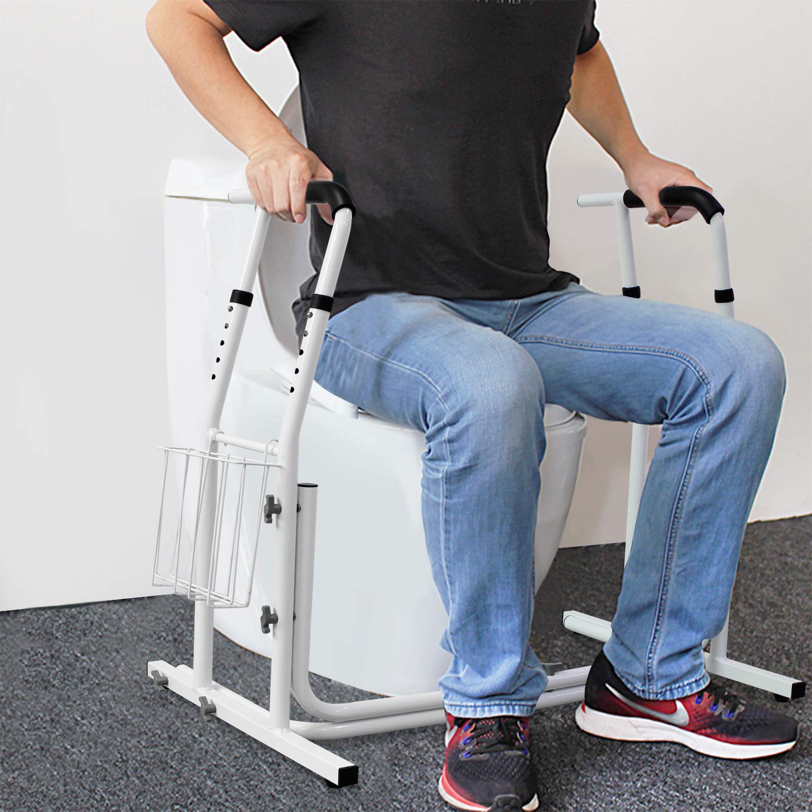Froadp Supporto Mobile per WC, Maniglia Regolabile in Altezza con Cestino Portaoggetti, Supporti di Sicurezza per WC, Toilette Sostegno per Disabili Anziani Gravida Bambini e Persone Mobilità Ridotta