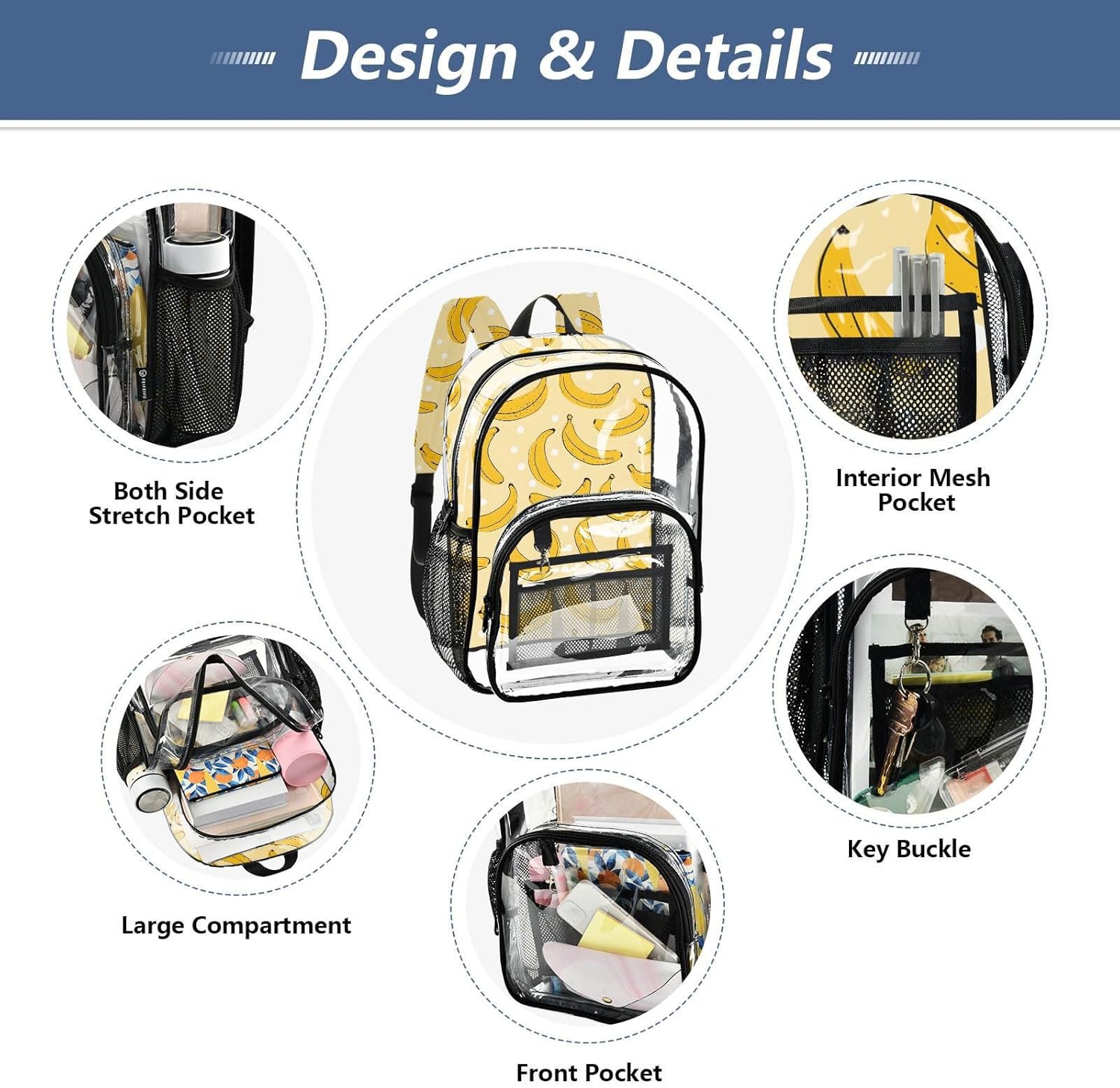 Yellow Banana Polka Dots Clear Backpack Heavy Duty See Through Transparent PVC BookBag for Kids Boy Girl Adult School Work