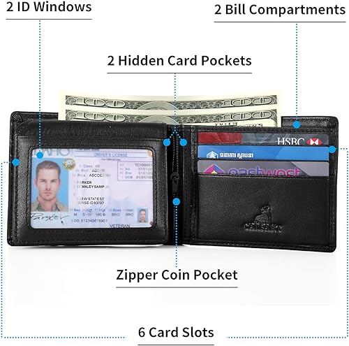 Miniatura 2 de Cartera delgada con bolsillo frontal RFID para hombre, de piel auténtica, tarjeta de crédito, billetera plegable con 2 ventanas de identificación,