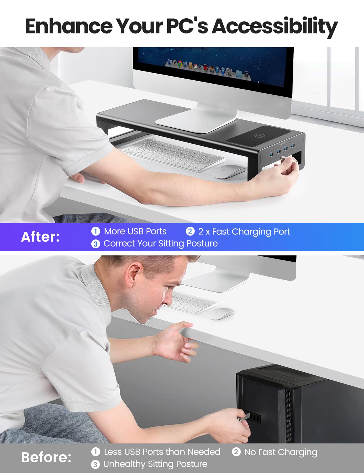 Vaydeer Podwójny Uchwyt na Monitor z Bezprzewodowym Ładowaniem i 4 Hub USB 3.0 - Aluminiowy Uchwyt dla 2 Monitorów do 32 Cali, Komputer, Laptop - Czarny | Bezprzewodowe ładowanie, do monitorów do 32 cali, do komputera i laptopa, czarny