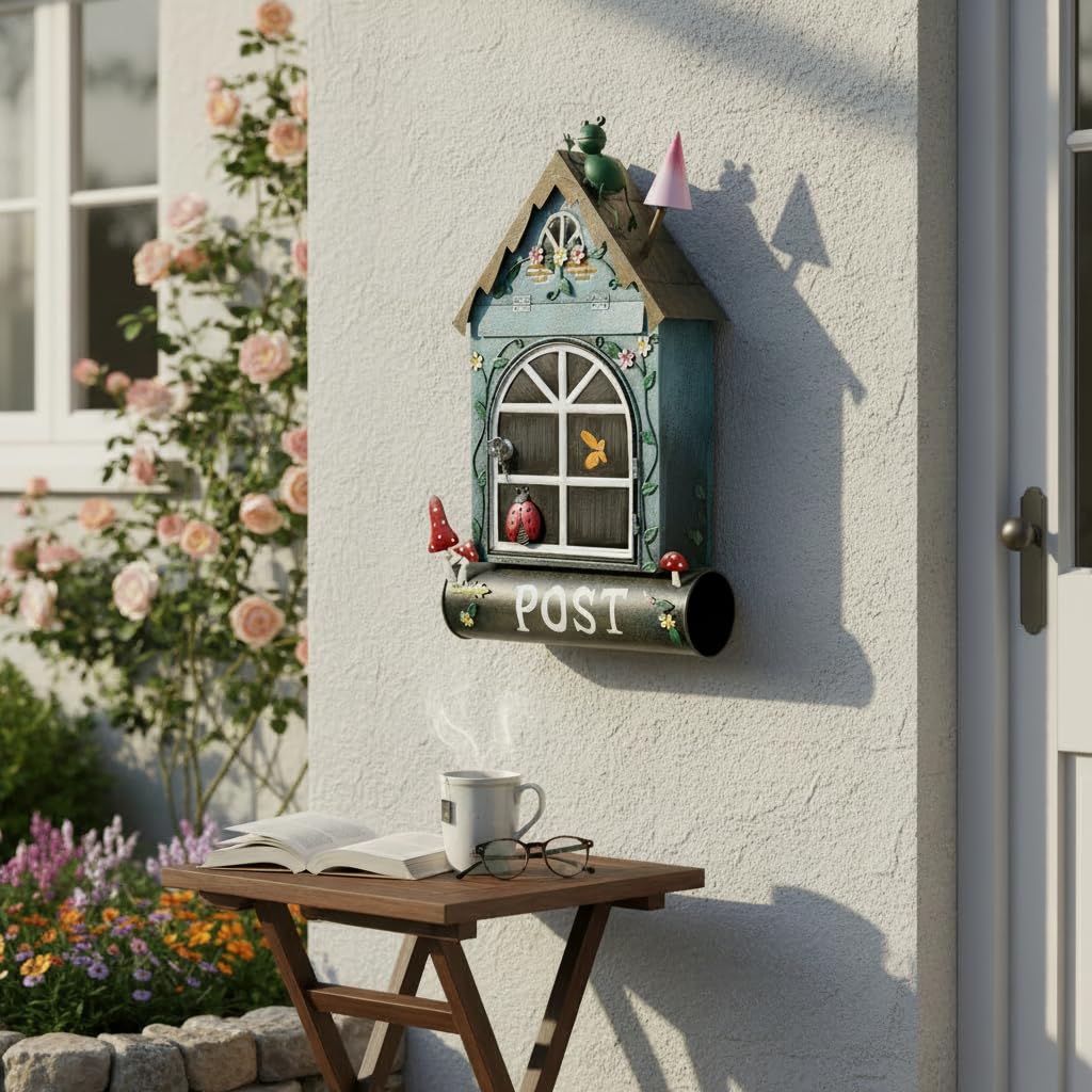 Buzón de estilo de casa azul con rana y setas, decorativo