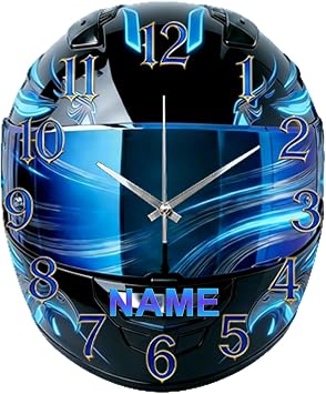 Personalized Helmet Design Wall Clock with Name Customize Racing Helmet F1 Theme Clock Wall Decoration Clocks for Racing Drivers Motorcycle Enthusiasts Motorcycle Enthusiasts Black