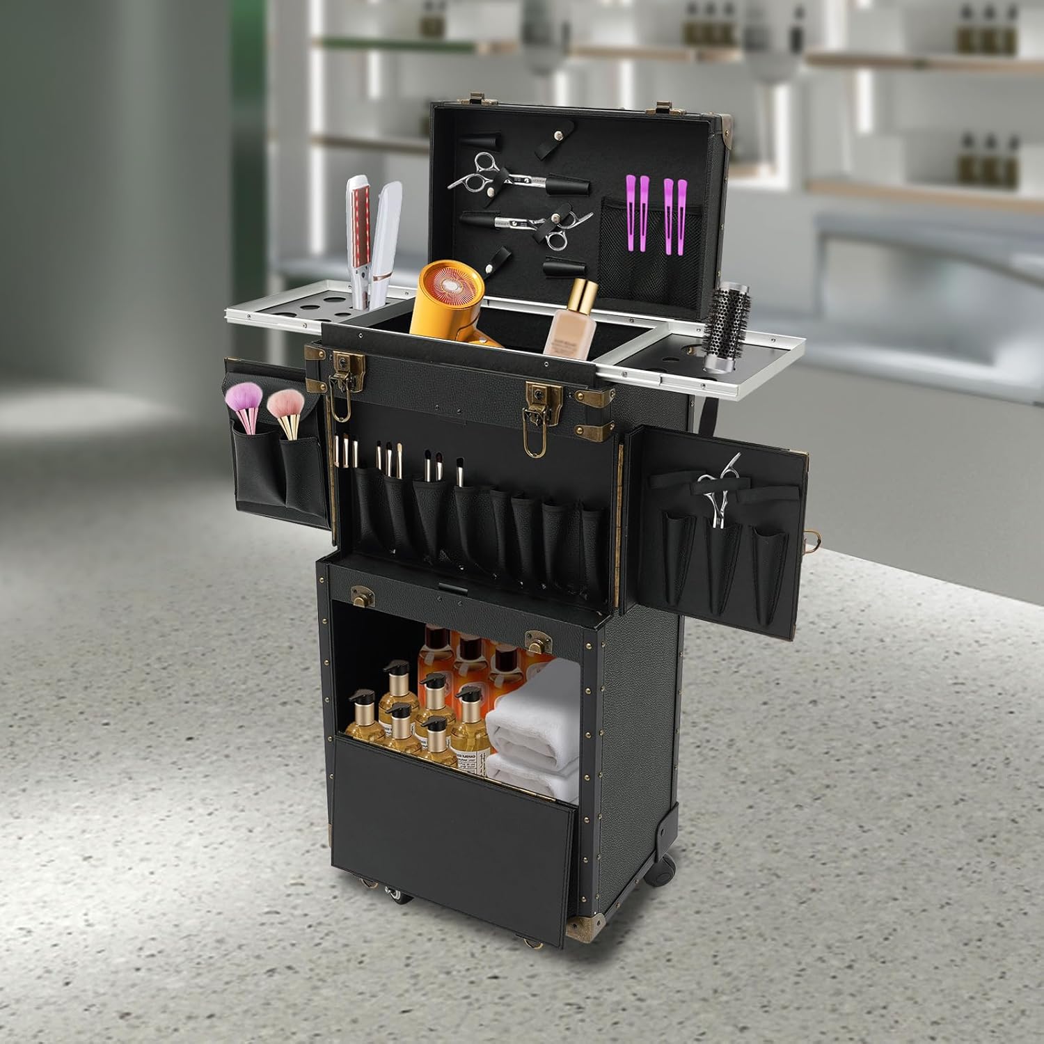 Rolling Makeup Train Case, 15" x 10" x 32" Lockable Hairdressing Trolley Makeup Case Organizer Professional Cosmetic Travel Case with Wheels, for Hairstylist Artist Salon (Black,with 2 Lock)