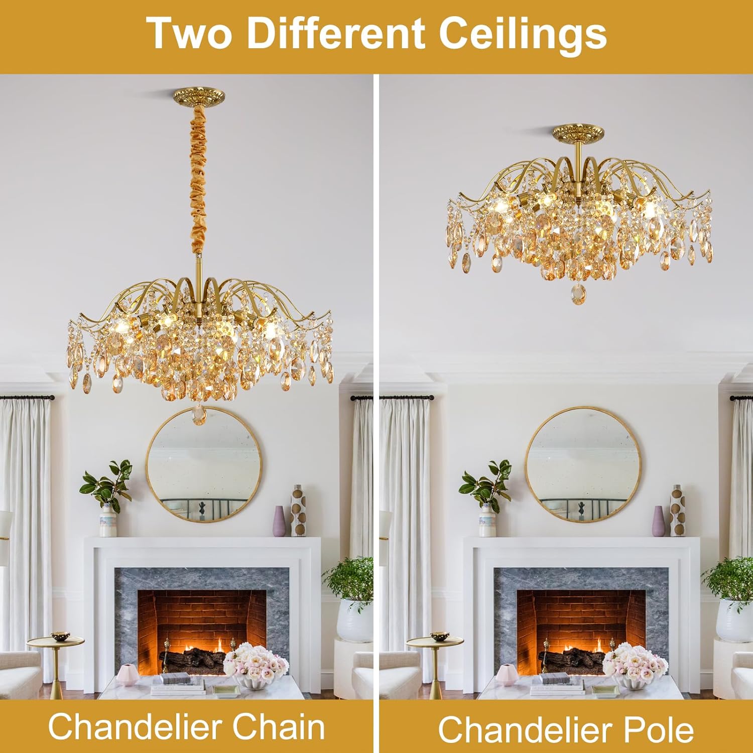 Gold Crystal Chandelier French Crystal Chandelier 8 Lights 24in Semi Flush Mount Chandeliers Amber Clear Crystal Hanging Raindrops Farmhouse Lighting for Living Room Bedroom Dining Room Entryway