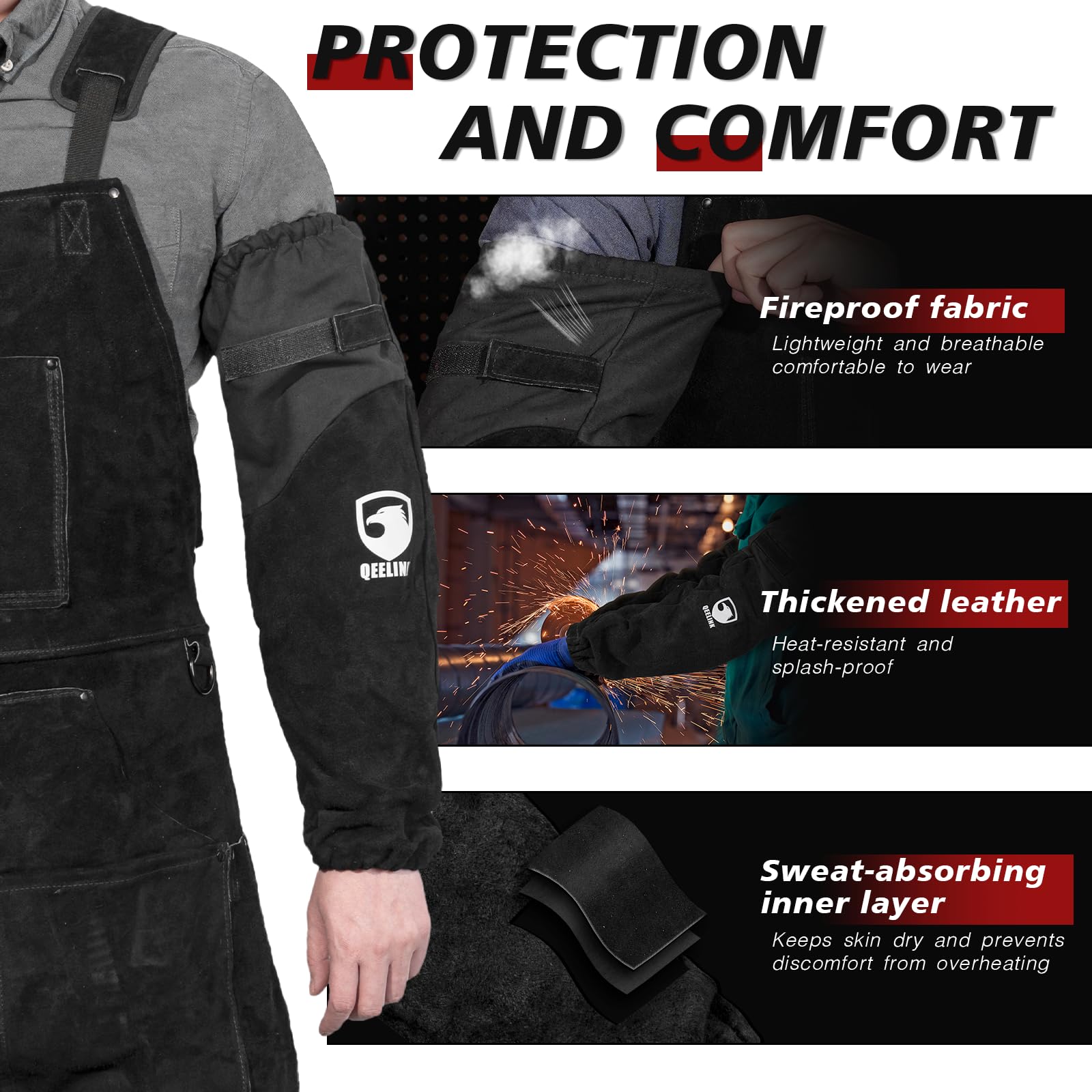Lederen laswerkmouwen voor heren en dames - hitte- en vlambestendige armbescherming met kevlar-stiksels en katoenen voering (One Size Fit Most, Zwart), Zwart, One Size Fit Most, Zwart, One Size Fit