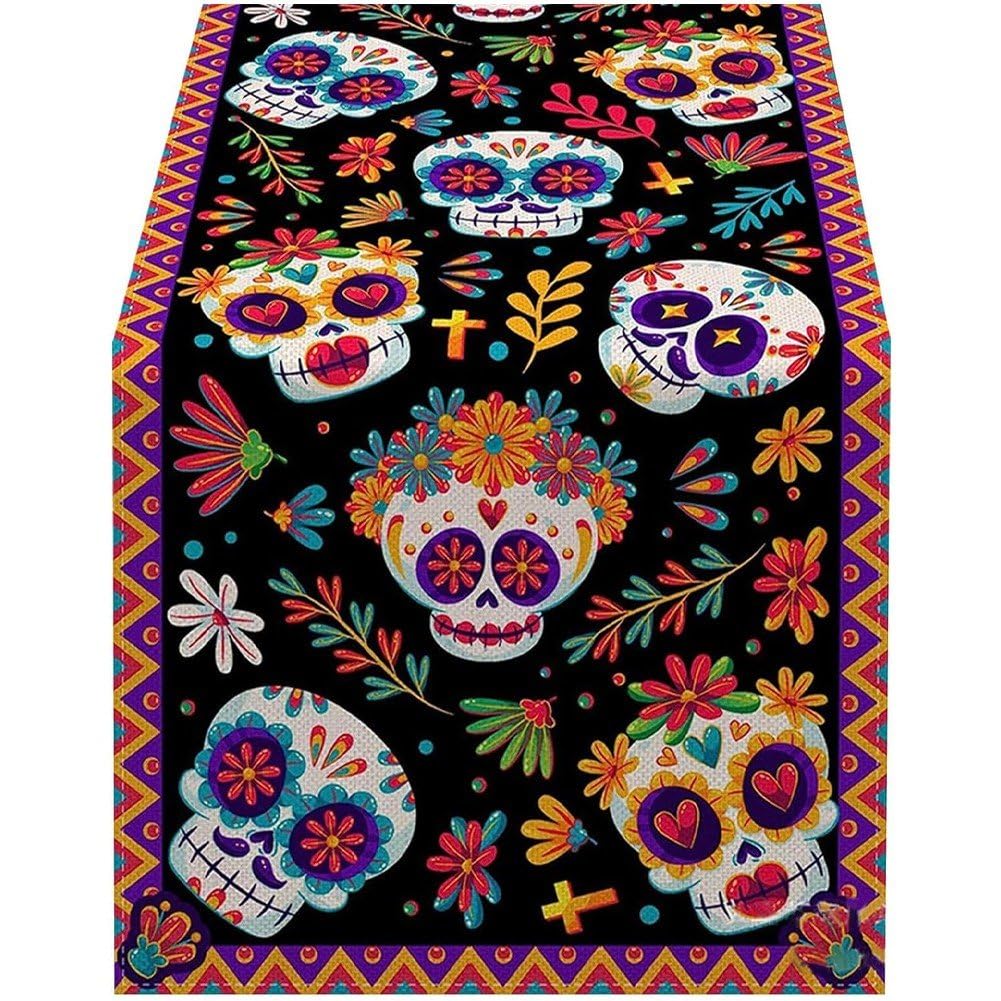 Baokuan Flower Skull Mexican Day Of The Dead Table Runner Mexico Dia De Los Muertos Sugar Skull Table Cover Dining Room Kitchen Home Halloween Party Table Decoration