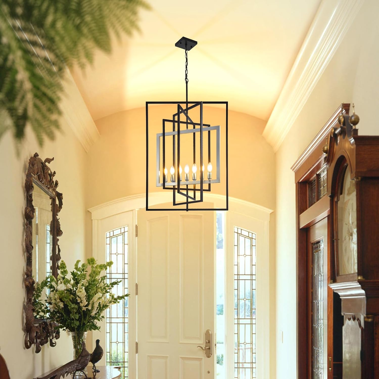 7-Light Lantern Pendant Light Fixtures, Rustic Industrial Farmhouse Foyer Lighting Fixtures, Large Foyer Chandeliers for High Ceilings, Farmhouse Modern Chandeliers for Entryway（Black & Silver）