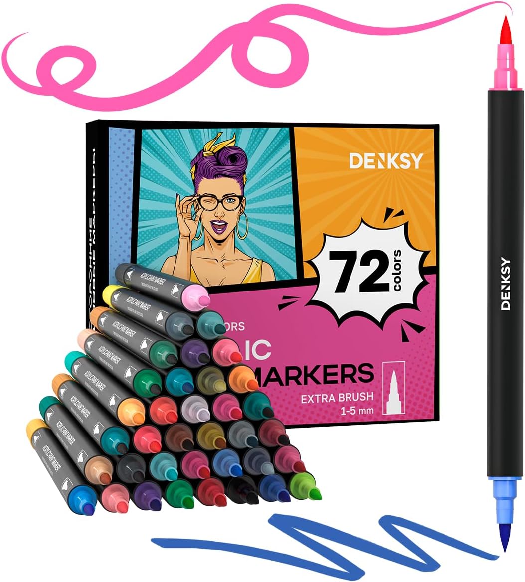 72 Dual Tip Acrylic Paint Markers Set | Colored Markers with Brush Tip | Art Markers for Adults | Acrylic Paint Pens for Rock Painting, Canvas, Glass, Wood, Ceramic, DIY Crafts, Fabric