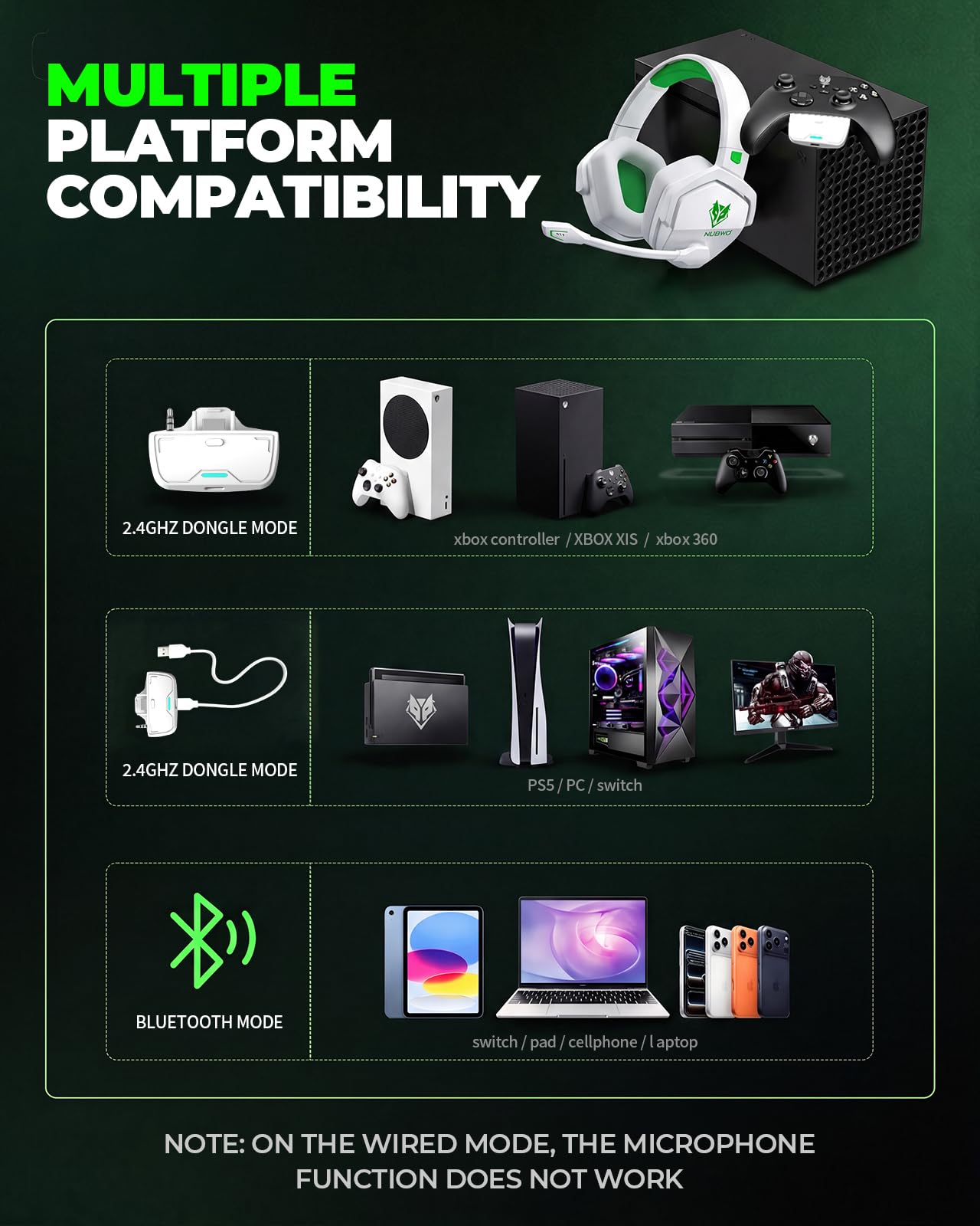 NUBWO G06 - Auriculares inalámbricos para videojuegos con micrófono para Xbox PS5, PS4, PC, 23 ms de baja latencia, 100 horas de reproducción, controlador de 50 mm, color blanco y verde