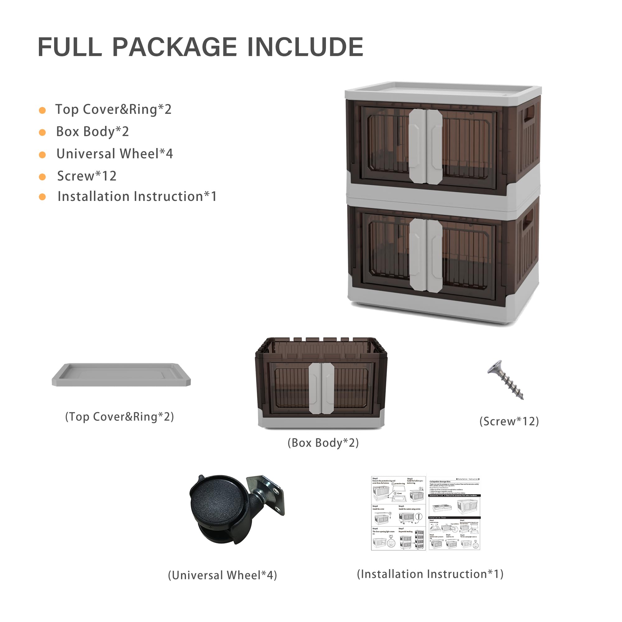 MISIFU 2 Pack Storage Bins With Lids,8.2 Gal Plastic Storage Bins with Doors,Stackable Storage Bins has Light,Storage Container with Wheel for Toys,Books,Makeup(Grey&Brown)