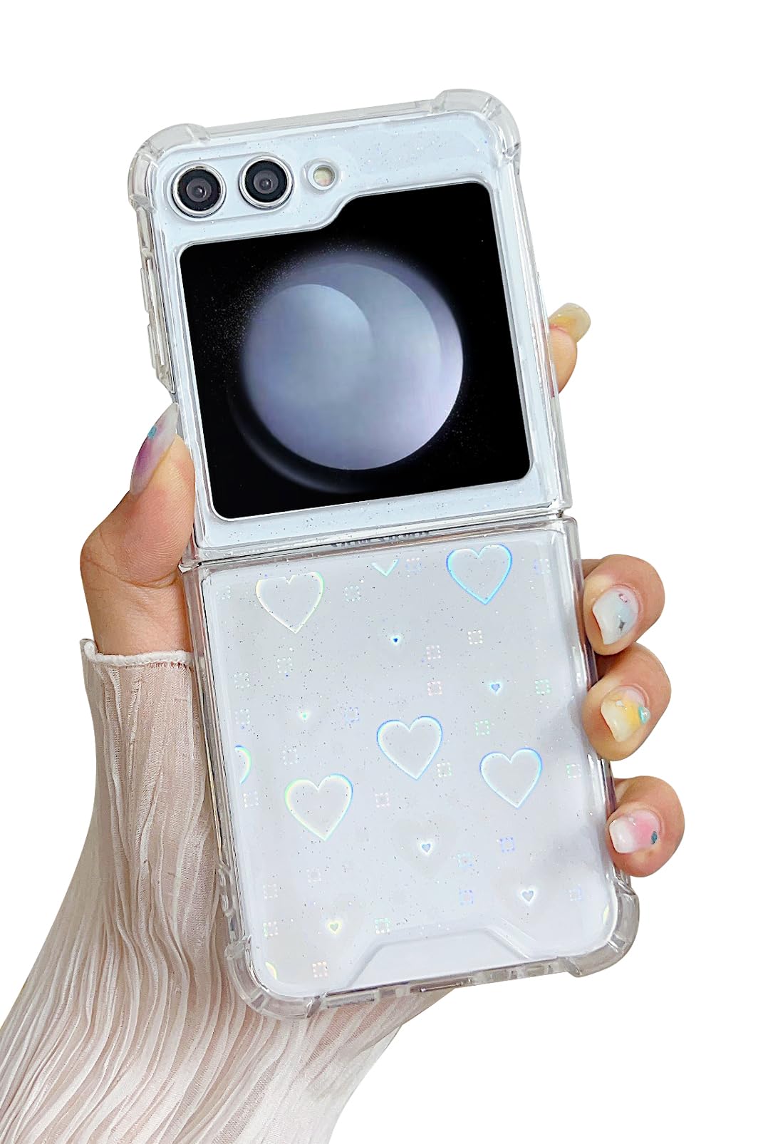 MUNDULEA Compatible Samsung Galaxy Flip 5 Case Clear Heart Women Girls Soft TPU Sparkle Glitter Shockproof Protective Phone Cover for Samsung Galaxy Z Flip 5 (Colorful Heart)
