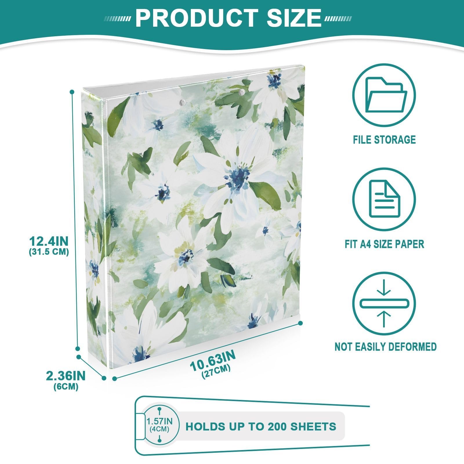 Set di 2 raccoglitori con 3 anelli da 1,5 pollici con motivo floreale bianco con clip in metallo formato lettera per casa e ufficio