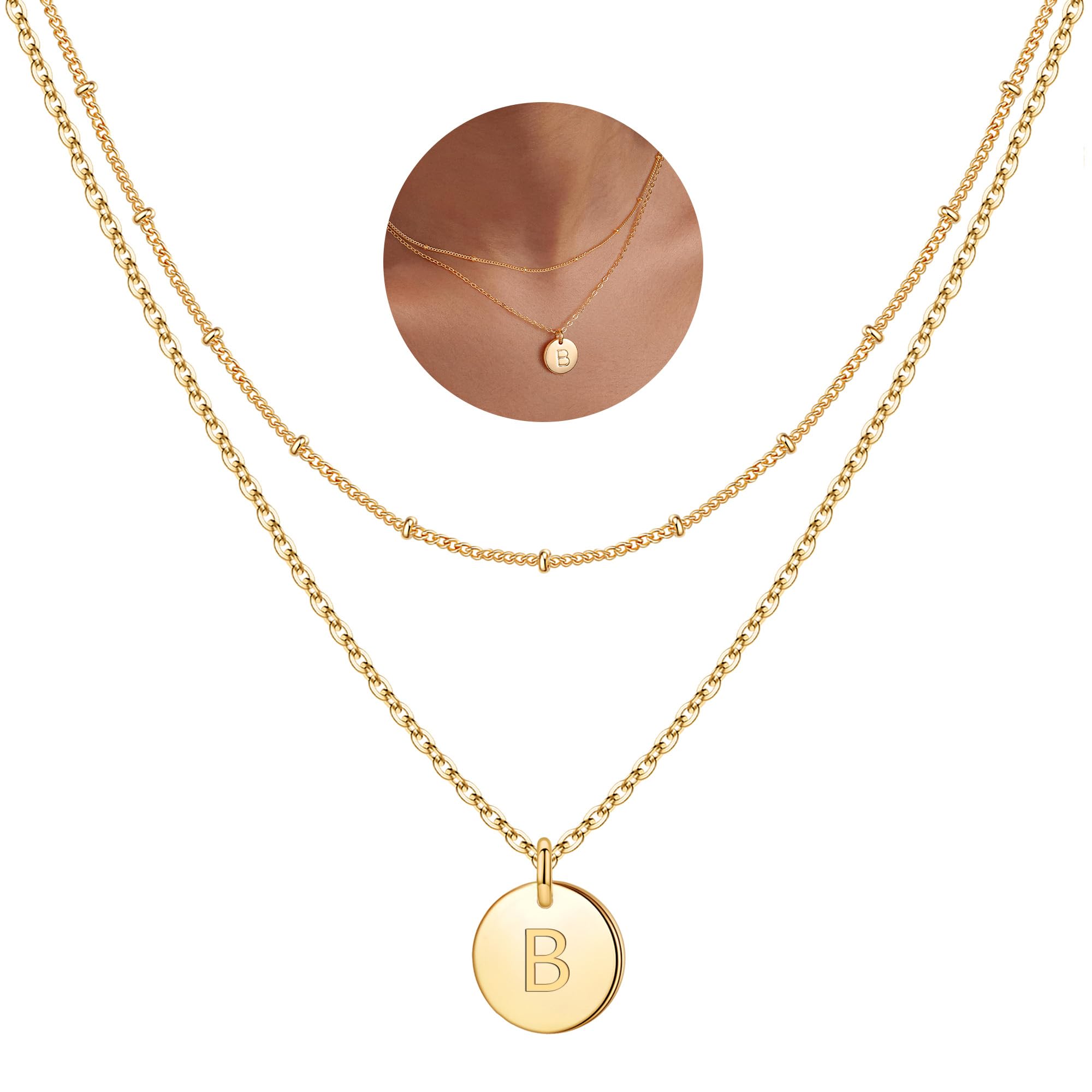 IEFWELL Mothers Day Gifts - Initial Necklaces for Women Girls, 14K Gold-Plated Silver Double Side Engraved Hammered Coin Necklaces, Layered Necklace